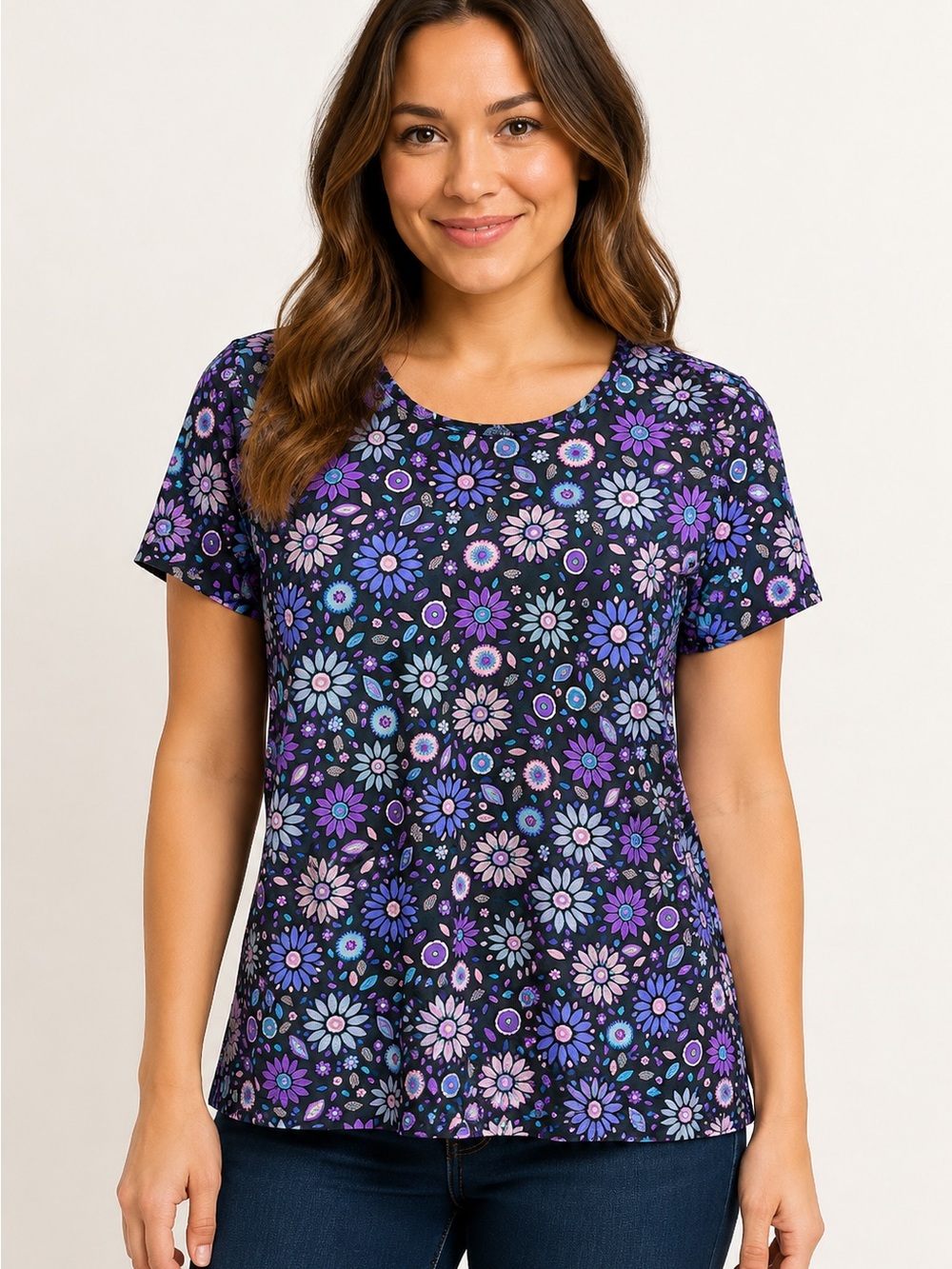 Zoe + Chloe Black Multicolor Floral Short Sleeve Tee